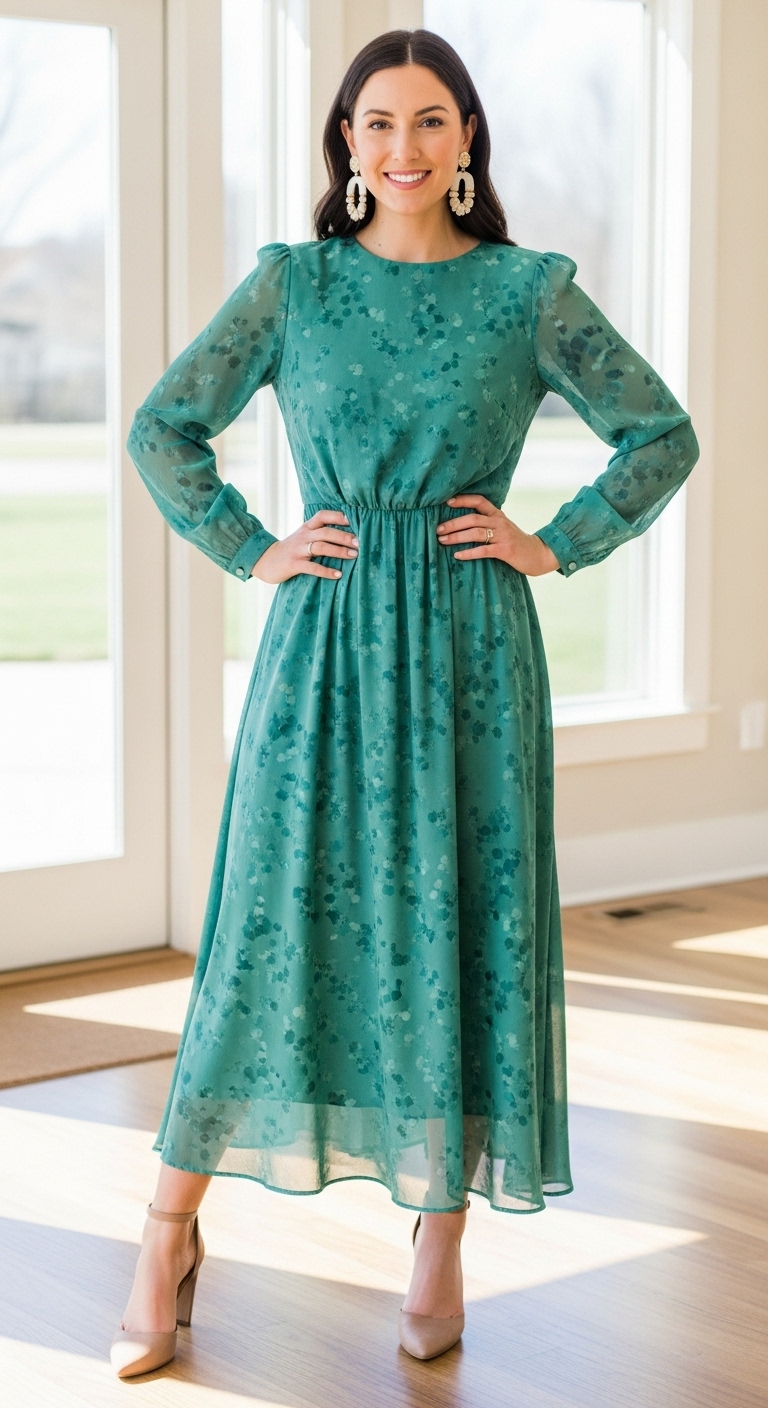 Long-Sleeve-Midi-Dress-Statement-Earrings