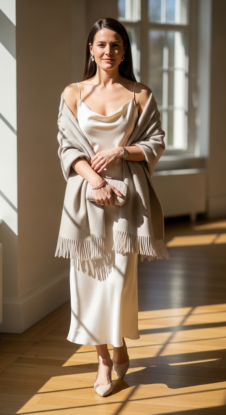 Satin-Slip-Dress-Wool-Wrap-Low-Heels