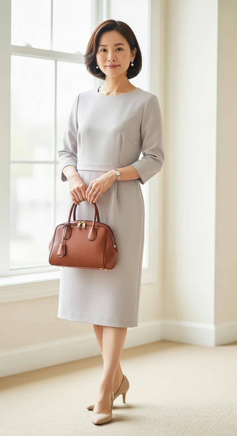 Tailored-Dress-Low-Heels-Structured-Bag