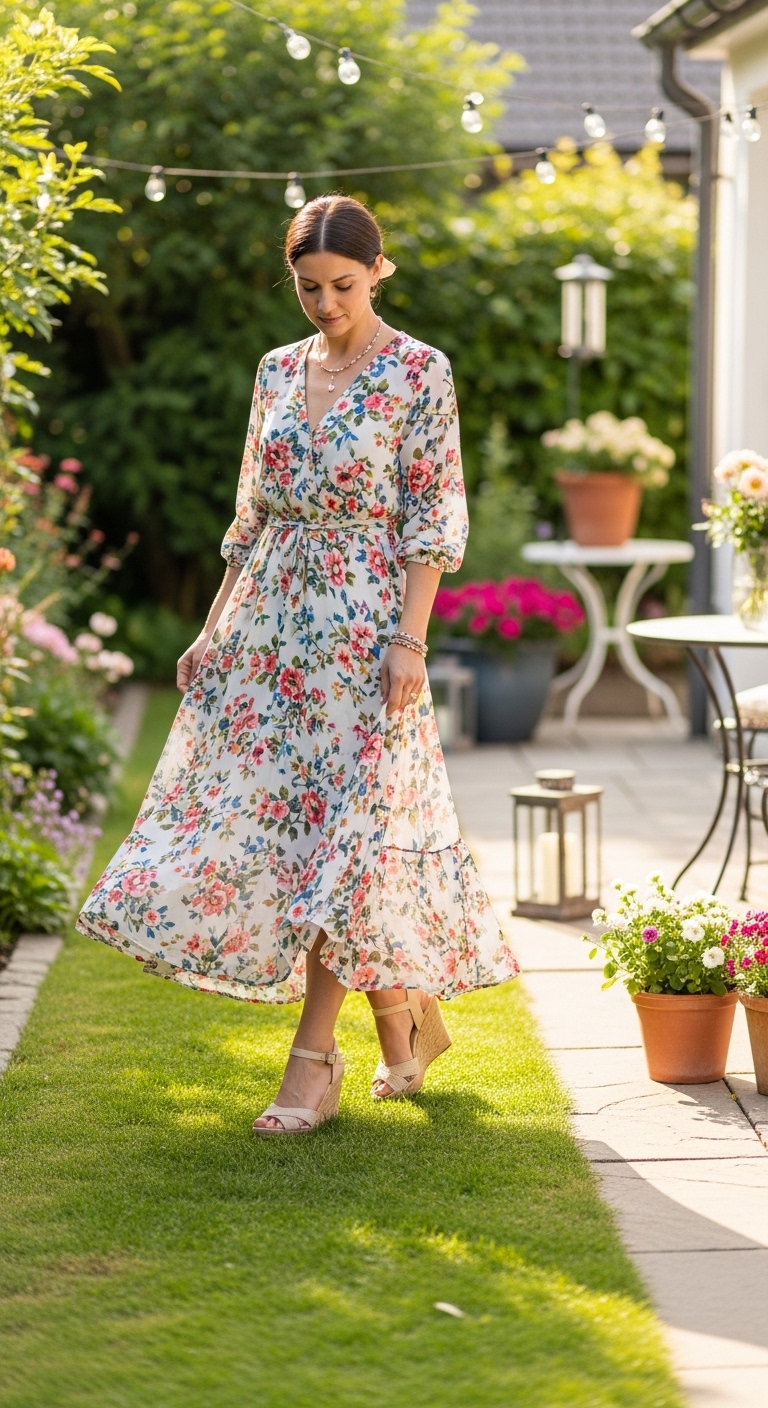 Floral-Flowy-Dress-with-Wedge-Heels