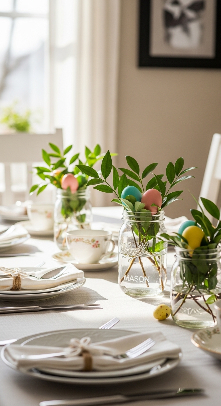 Mason-Jars-or-Tea-Cups-with-Greenery-and-Easter-Eggs