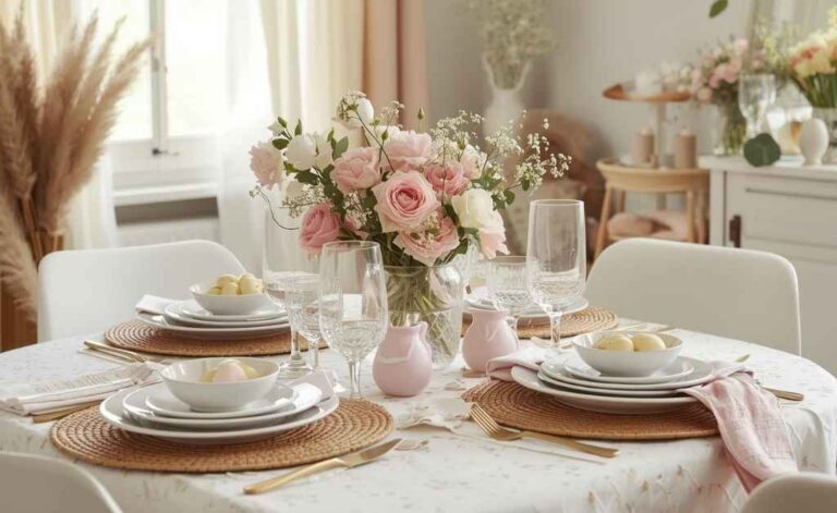 Pastel Easter Brunch Table Setting in Small Apartment