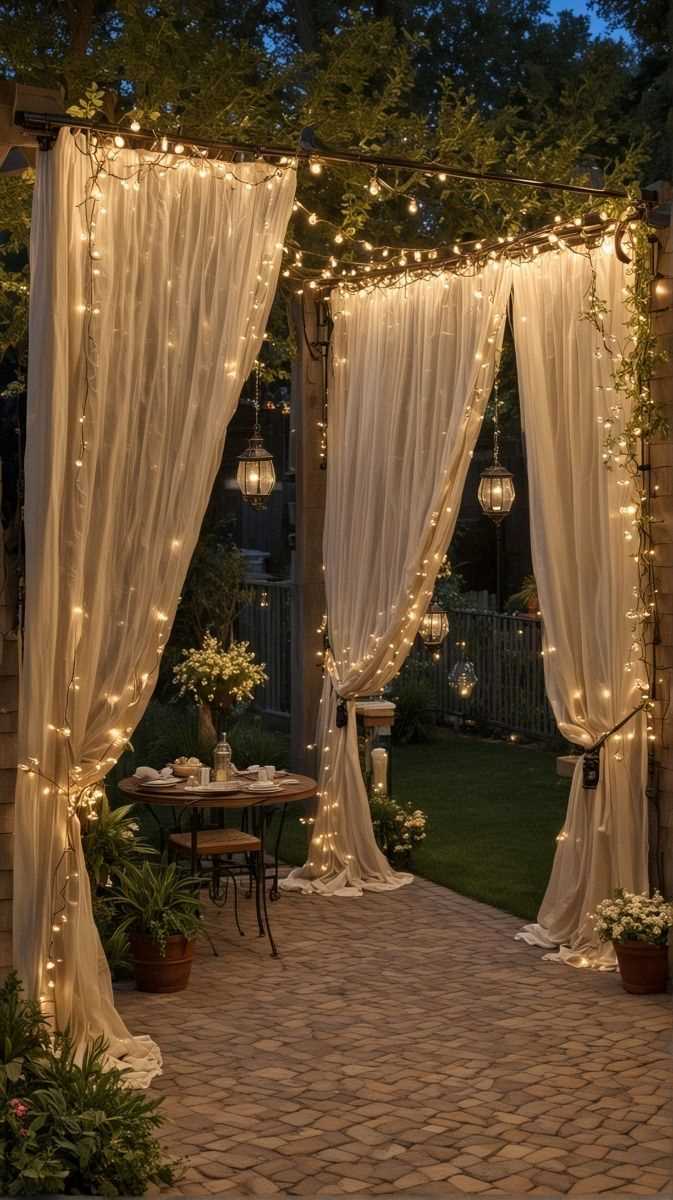 Fence Glow-Up With Drapes and Warm Uplighting for Backyard Night Wedding 