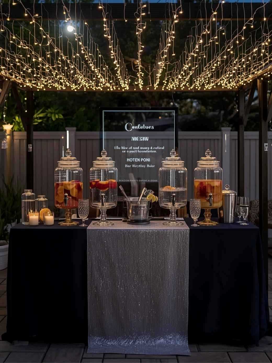 Moonlight Bar” Drink Station as one of the Backyard Night Wedding Ideas