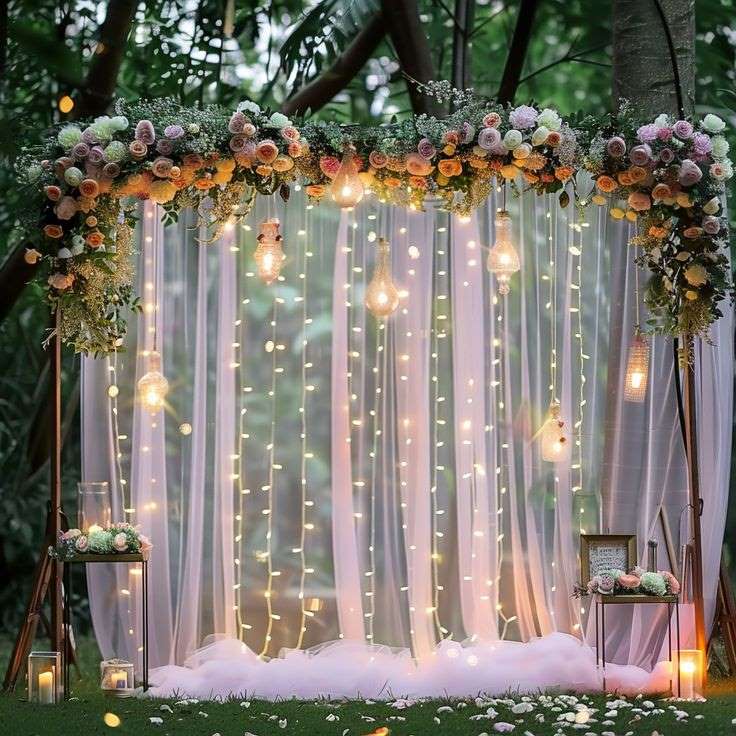 Twinkle Light Curtain Backdrop behind alter as one of the Backyard Night Wedding Ideas 
