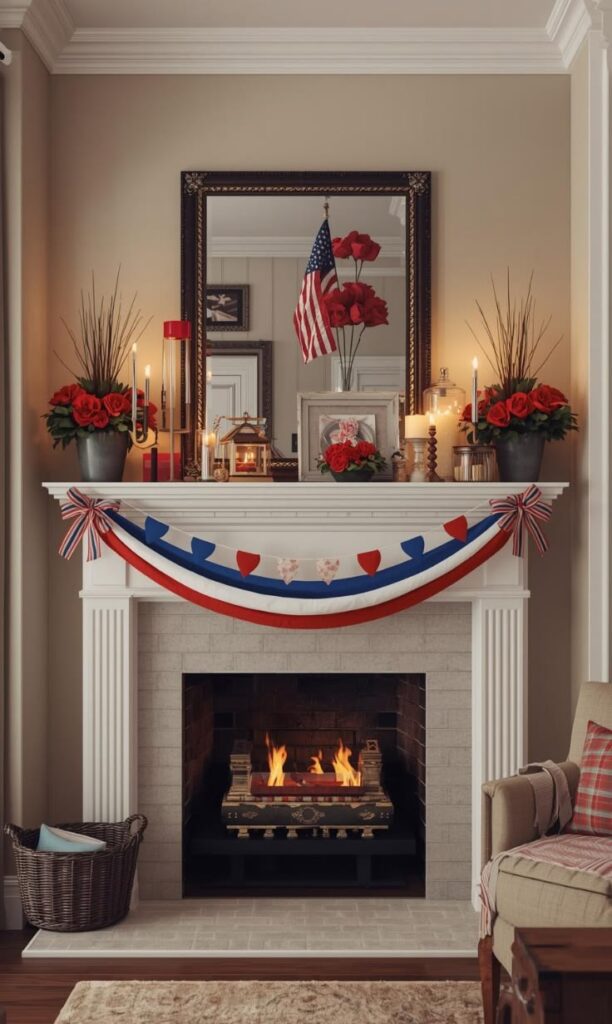 A-minimalist-mantel-with-only-candles-and-a-flag-print.