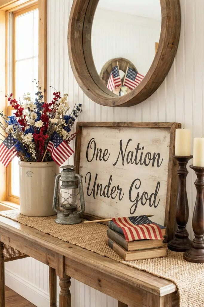A-rustic-wooden-sign-centered-with-mini-flags-on-both-sides.