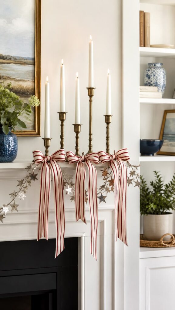 A-white-candle-mantel-with-red-and-blue-ribbon-accents