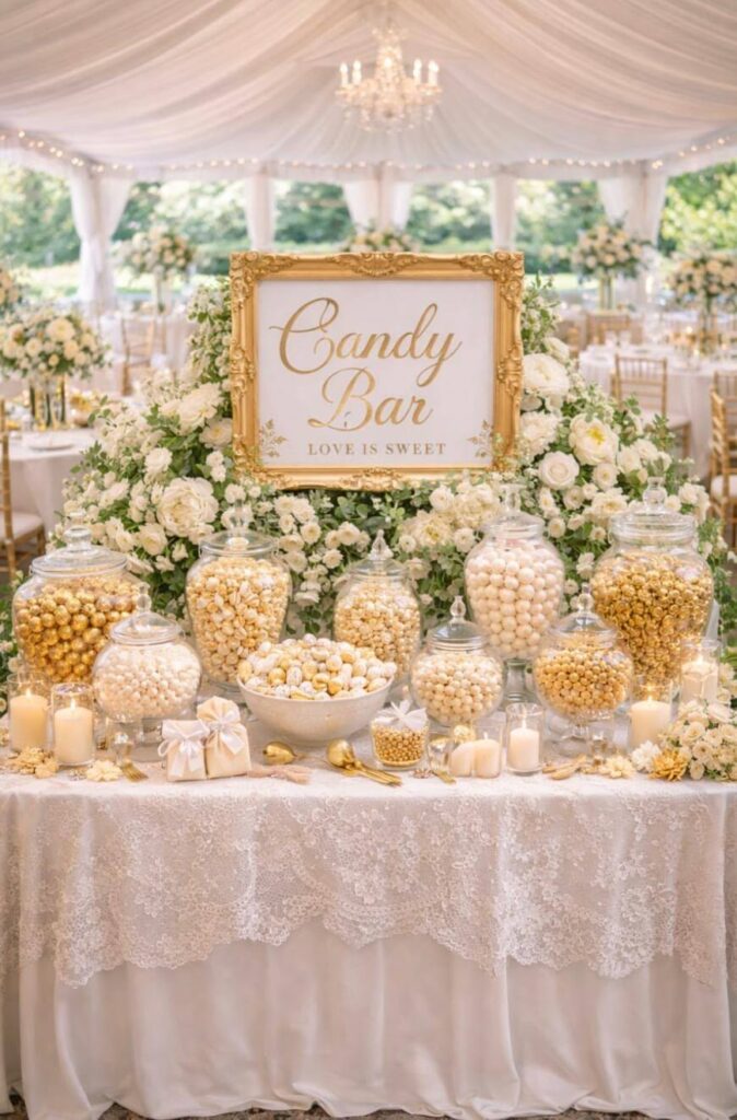 Gold-and-White-Luxury-Theme.-Graduation Candy Bar Ideas