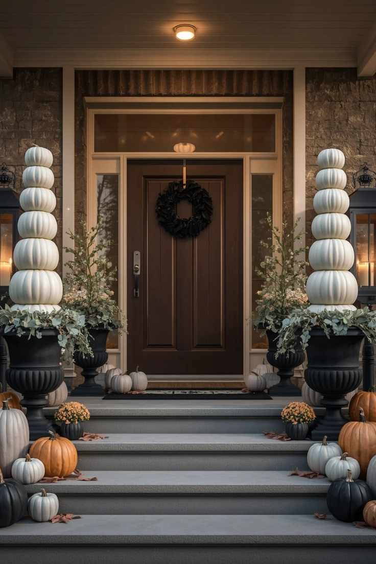 Elegant Halloween porch decor ideas with White Pumpkin Topiaries